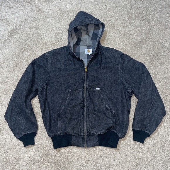 Carhartt Other - Vintage Carhartt Black Denim Jean Jacket Hoodie Plaid Lining JF885 Size Large